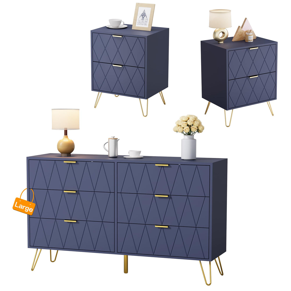Anbuy Bedroom Sets Navy Blue Sets 3Pcs Large 6 Drawer Dresser and Night Stand Sets for Bedroom, Two Drawers Nightstand Set of 2 & 6 Drawer Dresser Combo 3 Pieces (Navy Blue)