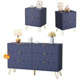 Anbuy Bedroom Sets Navy Blue Sets 3Pcs Large 6 Drawer Dresser and Night Stand Sets for Bedroom, Two Drawers Nightstand Set of 2 & 6 Drawer Dresser Combo 3 Pieces (Navy Blue)