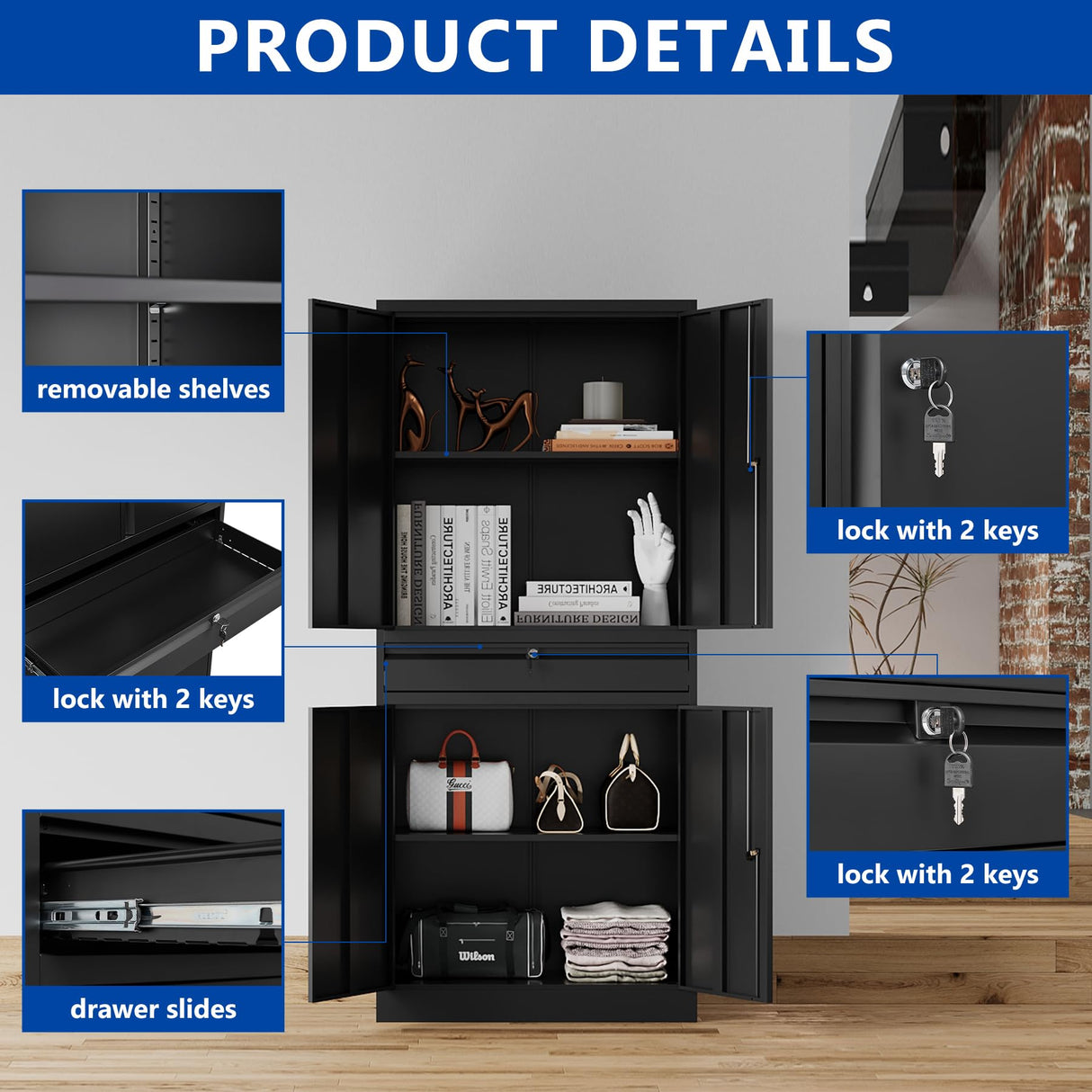 BYNSOE Metal Storage Cabinet with Locking Metal Garage Cabinet with Adjustable Shelves Tool Storage Cabinet with 1drawer Steel Locker Cabinet for Home Garage (Black-71 0 Caster) BYNSOE