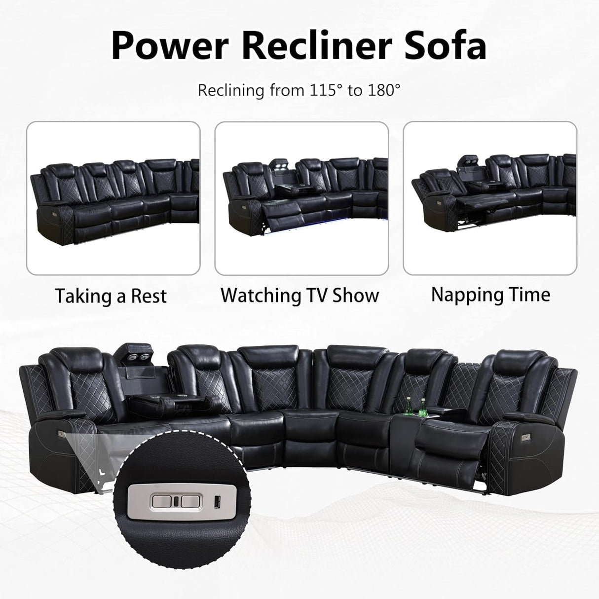 Power Recliner Sectional Sofa with LED Light, Breathing Leather Recliner Sofa Couch with Wireless Charger/Cup Holder for Living Room Home Office Theater (All Black) Pon Living Furniture Inc