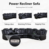 Power Recliner Sectional Sofa with LED Light, Breathing Leather Recliner Sofa Couch with Wireless Charger/Cup Holder for Living Room Home Office Theater (All Black) Pon Living Furniture Inc
