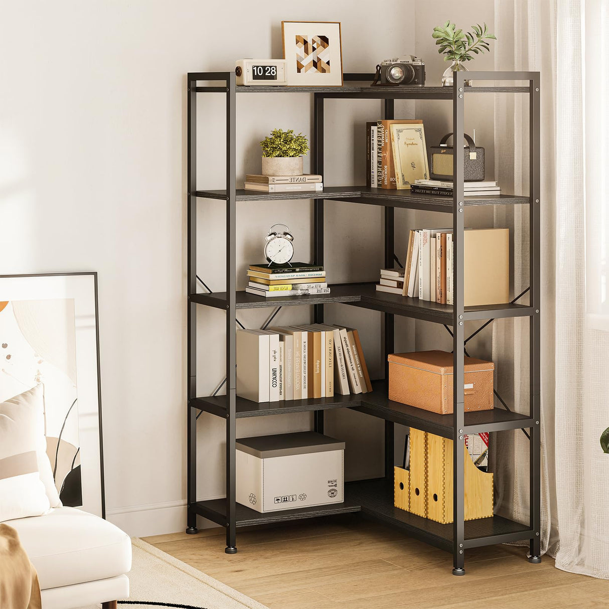 Casaottima Corner Bookshelf 5 Tier, 57 Inches Reversible Book Shelf for Living Room, Industrial Wooden Bookcase with Open Shelves and Metal Frame for Bedroom, Home Office, Kitchen, Black Casaottima