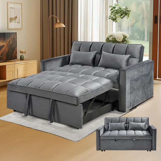 3 in 1 Convertible Sleeper Sofa Bed, Modern Velvet Loveseat Pull-out Sofa Couch w/Pullout Bed, Small Love Seat Lounge Sofa w/Reclining Backrest,Toss Pillows, Pockets, for Living Room (Grey, 55.1)