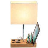 Dreamholder Desk Lamp with 3 USB Charging Ports, Table Lamp with 2AC Outlets and 3 Phone Stands, Nightstand Bedside Lamp with Natural Wooden Base and Cream Linen Shade Dreamholder