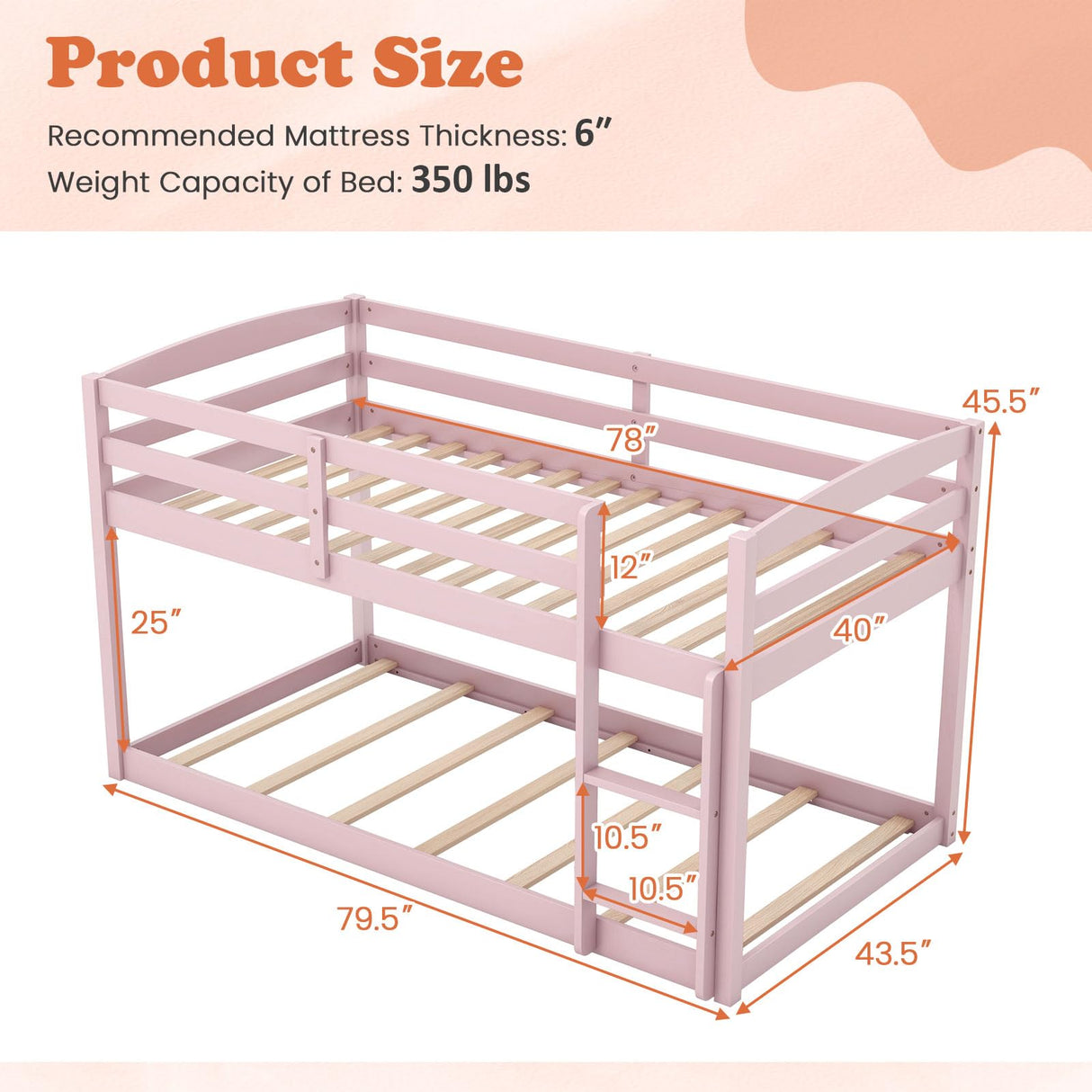 Giantex Twin Low Bunk Bed, Solid Wood Twin Over Twin Bunk Bed Frame with Full Guardrails & Integrated Ladder, Floor Twin Bunk Beds for Kids Boys and Girls, No Box Spring Needed (Pink) Giantex