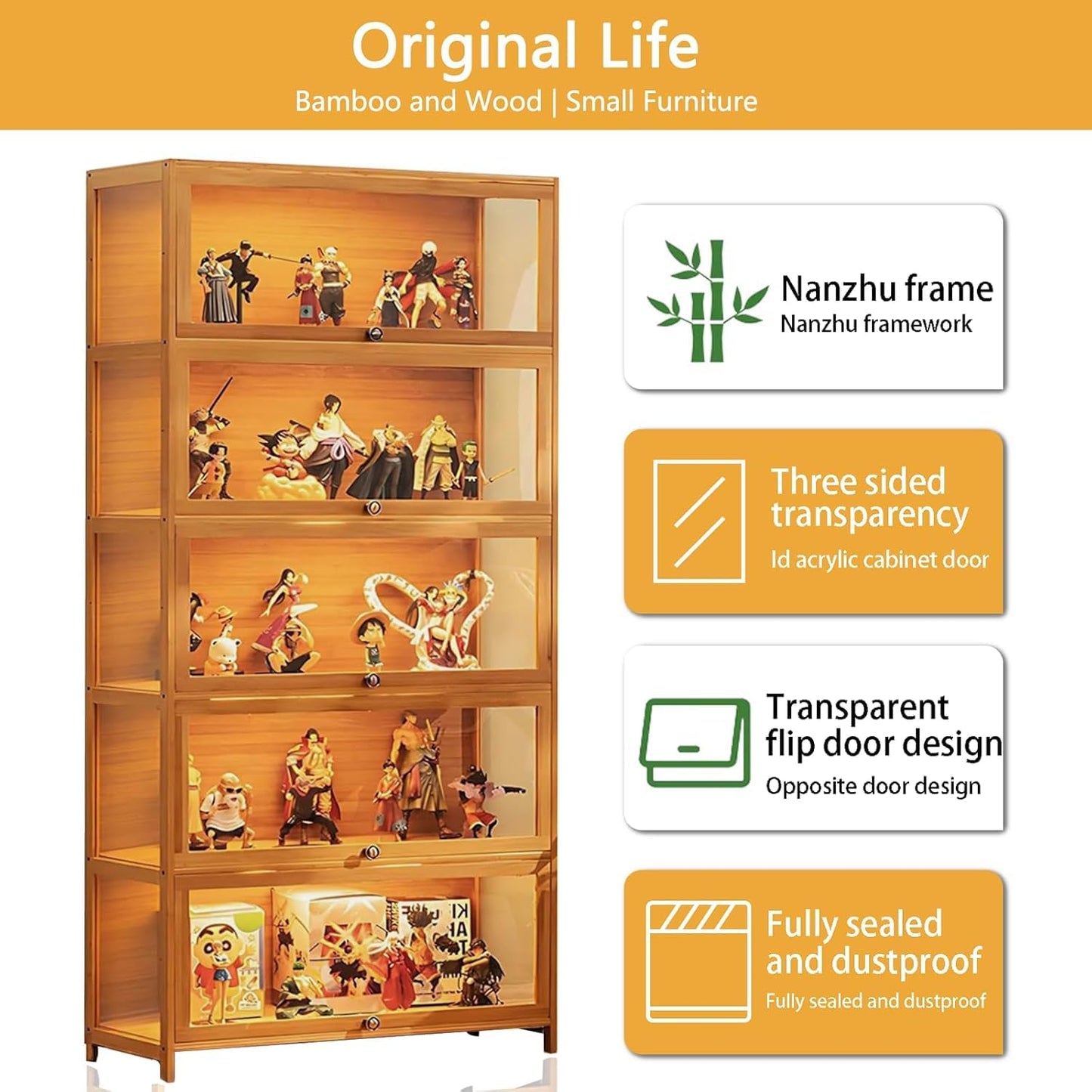 iusyugh 5-Tier Display Cabinet with Acrylic Glass Door, 65.5" High Display Case, Transparent Curio Cabinet&Bookcase for Collectibles, Toys, Books, for Playroom, Bedroom, Study Room (Wooden flip Door)