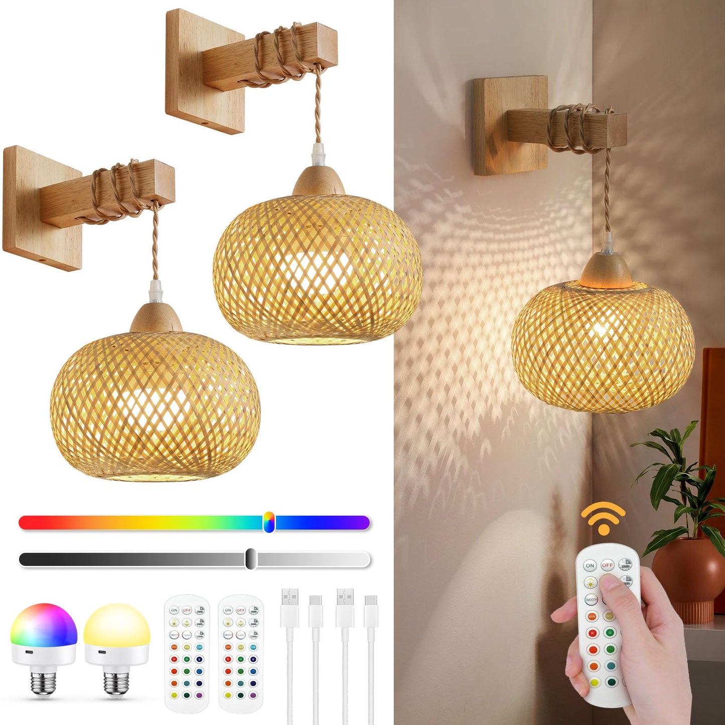 Battery Operated Wall Sconce Set of Two, Wireless Rechargeable Wall Lights, Rattan Wall Lamps with Remotes and Dimmable RGB LED Bulbs, Indoor Boho Wood Sconces Wall Decor for Bedroom Living R - WoodArtSupply