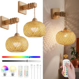 Battery Operated Wall Sconce Set of Two, Wireless Rechargeable Wall Lights, Rattan Wall Lamps with Remotes and Dimmable RGB LED Bulbs, Indoor Boho Wood Sconces Wall Decor for Bedroom Living Room MANGINY