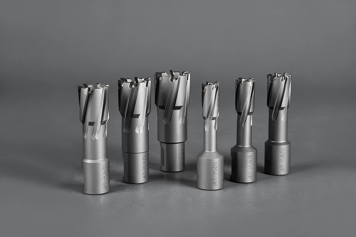 Annular Cutter Set Carbide 8pcs JESTUOUS 3/4 Inch Weldon Shank 1-3/8 Cutting Depth and Cutting Diameter from 1/2 to 1-1/16 Two Flat TCT Bit for Drill Press with 2 Pilot Pins JESTUOUS