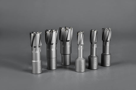 Annular Cutter Set Carbide 8pcs JESTUOUS 3/4 Inch Weldon Shank 1-3/8 Cutting Depth and Cutting Diameter from 1/2 to 1-1/16 Two Flat TCT Bit for Drill Press with 2 Pilot Pins JESTUOUS