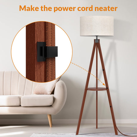 LEPOWER Tripod Floor Lamp, Mid Century Wood Standing Lamp, Modern Design Shelf Floor Lamp for Living Room, Bedroom, Office, Flaxen Lamp Shade with E26 Lamp Base LEPOWER