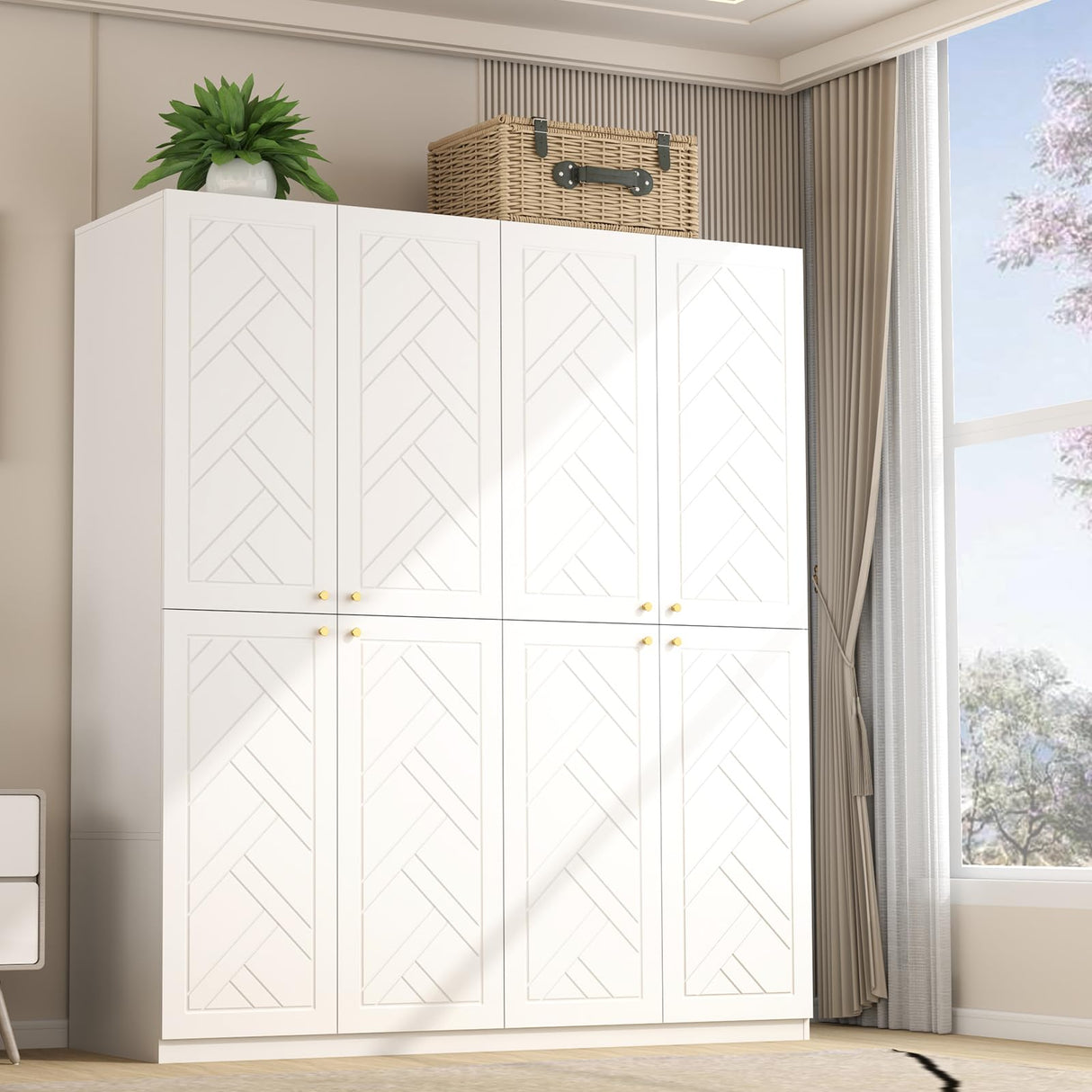 Wakefit Armoire Wardrobe Closet, 4 Doors Wooden Wardrobe Closet Cabinet, 78" Bedroom Armoires with Hanging Rod Shelf, Freestanding Wardrobe Cabinet for Bedroom, Guest Room, White Wakefit