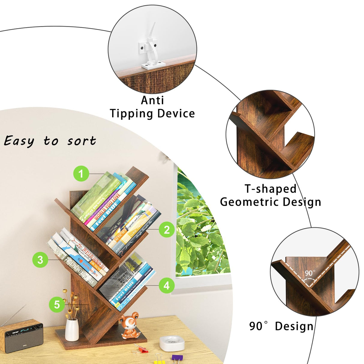 SHEEPAM 5 Tier Tree Book Shelf, Small Desktop Bookshelf with Storage Organizer, Wood Bookcase, Desk Display Bookshelves, Floor Standing Organizer Bookcases for Living Room,Bedroom,Office-Brown SHEEPAM