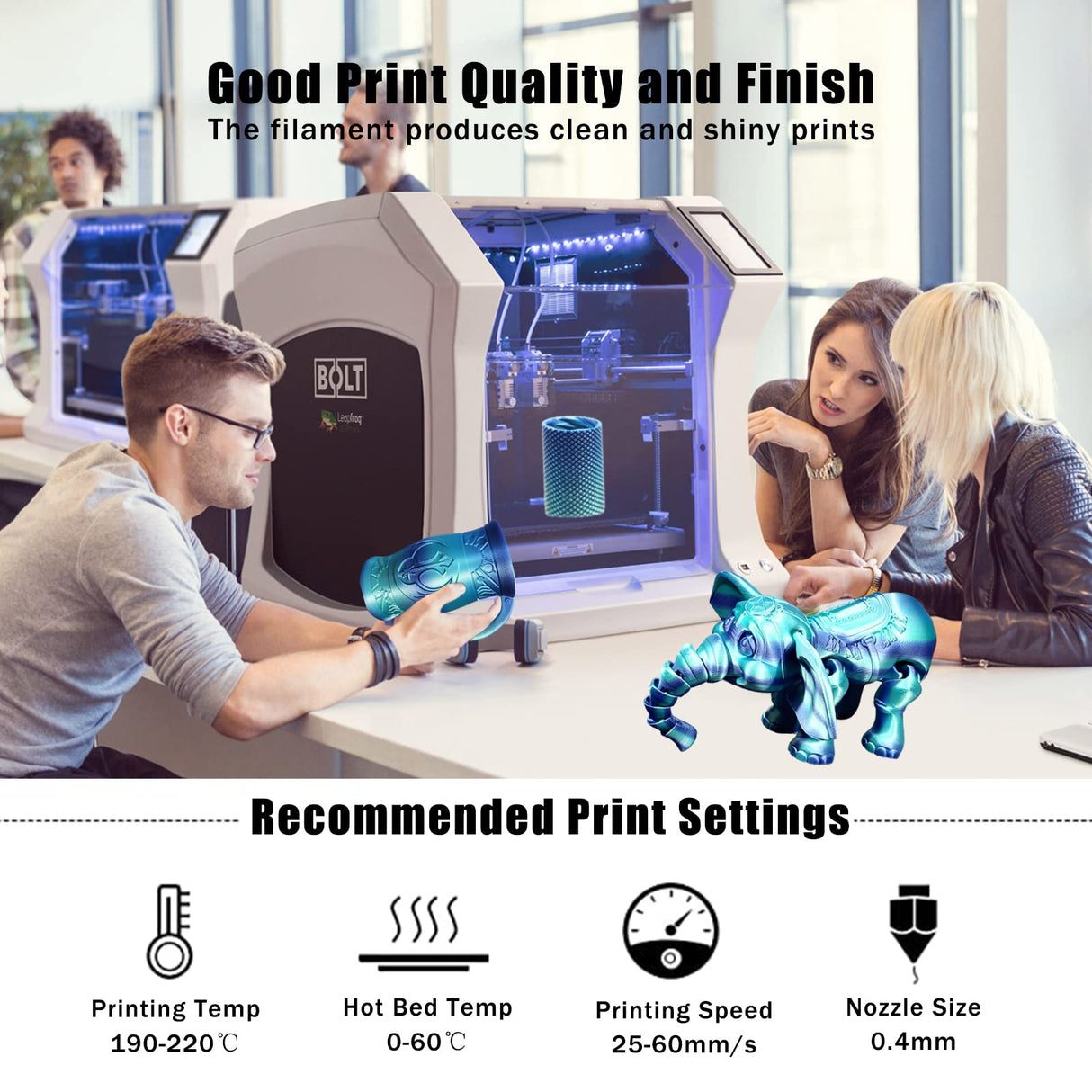 SIKENHO 3D Printer Filament, PLA Filament 1.75mm Silk Green Shiny Blue PLA Filament, 3D Printing Filament 1kg Spool (2.2lbs), Dimensional Accuracy +/- 0.02mm, 3D Filament 1.75 Fit Most FDM Printer SIKENHO