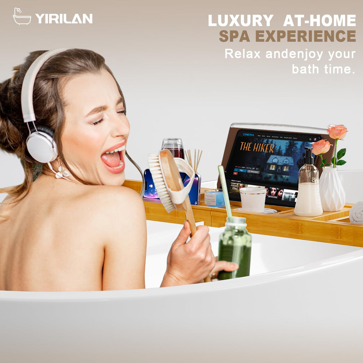 Yirilan Bamboo Bathtub Tray Caddy, Expandable Wooden Bathroom Tray, Luxury Bamboo Bathtub Tray, Bath Tub Table Caddy, Bamboo Yirilan