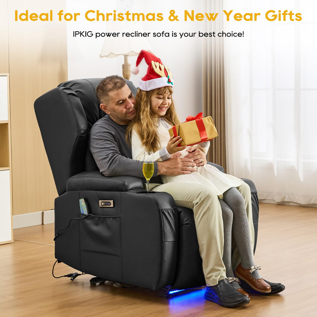 IPKIG Power Recliner Chair with Massage and Heat, Electric Recliner for Living Room, Home Theater, Bedroom, with LED Lights, USB Charger, Cup Holders, Side Pockets & Lumbar Pillow (1, Black) IPKIG