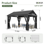 Aoxun 10' X 12' Hardtop Gazebo, Aluminum Outdoor Gazebo with Galvanized Steel Gable Roof Canopy, Patio Permanent Metal Pavilion with Netting, for Garden, Backyard, Deck Aoxun