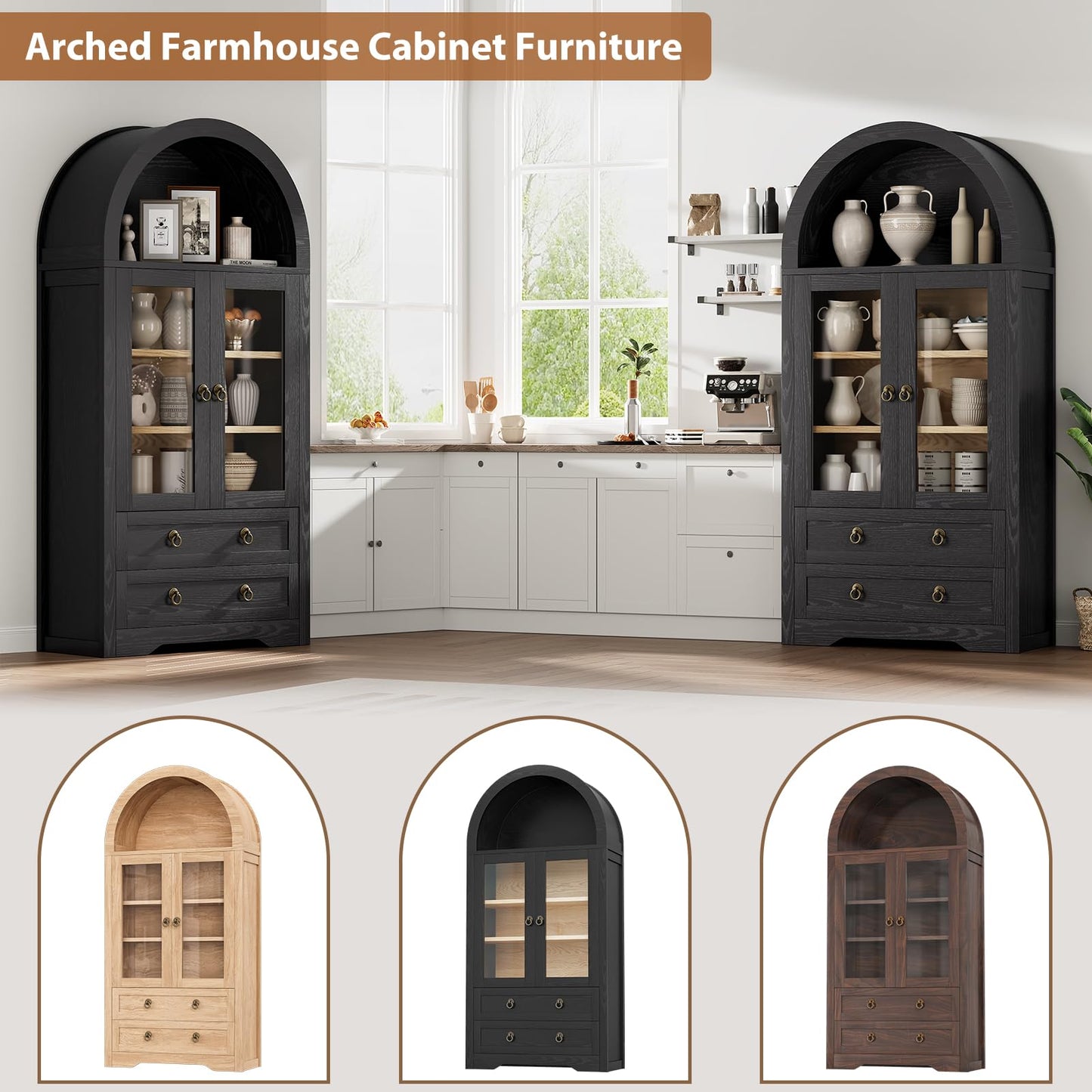 Kitchen Pantry Cabinet,Arched Cabinet,Pantry Cabinet, Arched Bookshelf/Bookcase,China Cabinet, 71“ Tall Pantry Storage Cabinet with Doors/Shelves/Drawers for Living Room, Kitchen, Dining Room,Black