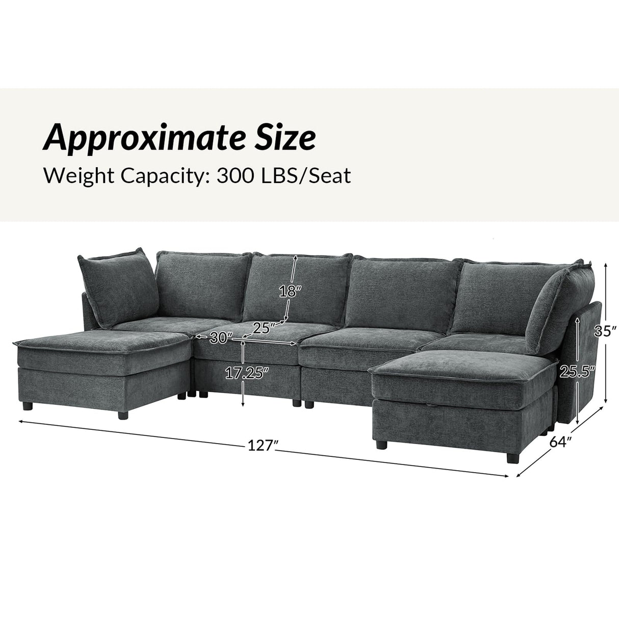 HULALA HOME 127'' Modular Sectional Sofa, Oversized U Shaped Couch with Storage Ottoman, Extra Deep Seat, Modern Comfy Chenille Sofa with Chaise, 6 Seat Convertible Couches for Living Room, Grey HULALA HOME