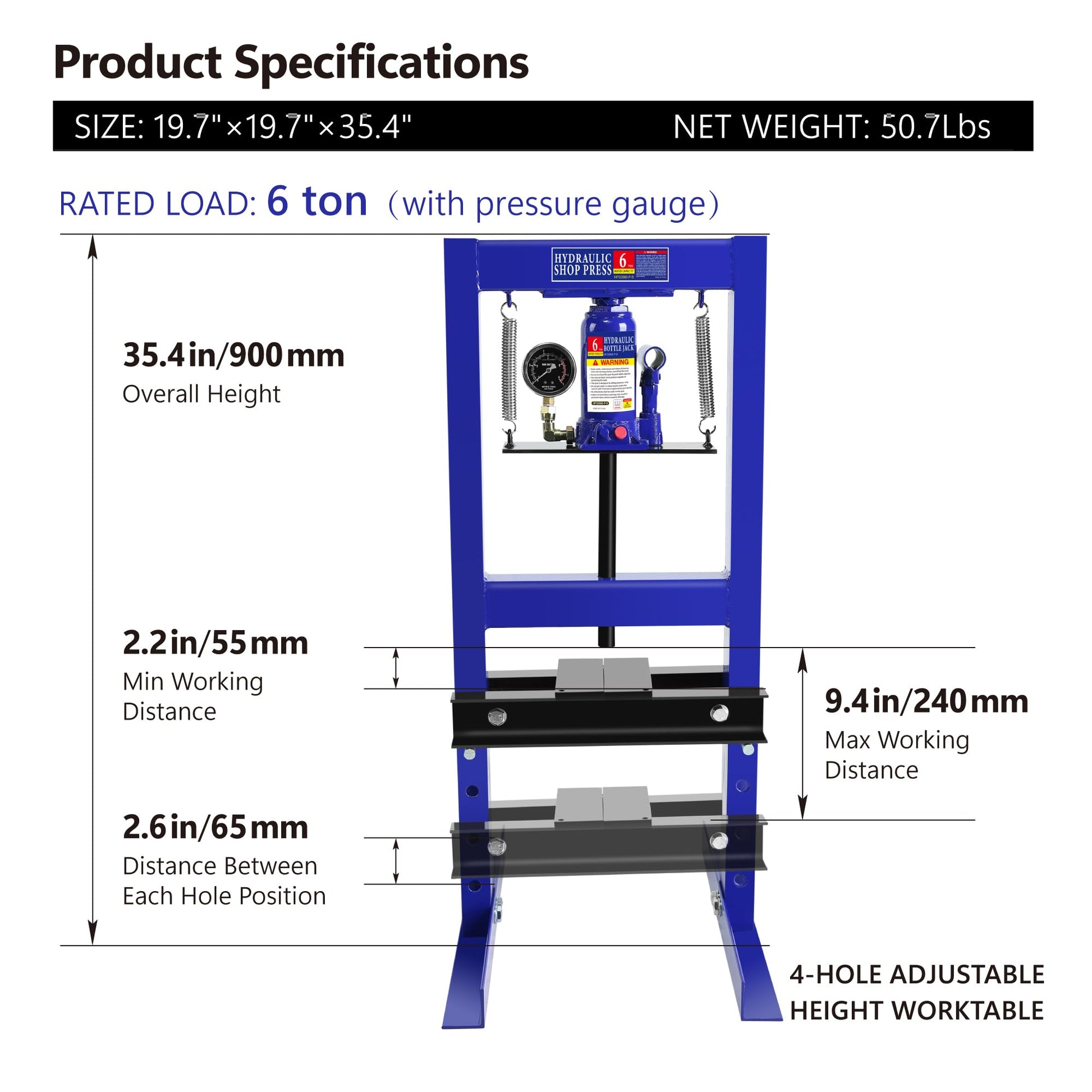 CuisinSmart 6 Ton Hydraulic Shop Press, Heavy Duty H-Frame Carbon Steel Body Garage Floor Adjustable Shop Press with Visible Pressure Gauge, Working Height 2.2" to 9.4" Blue - WoodArtSupply