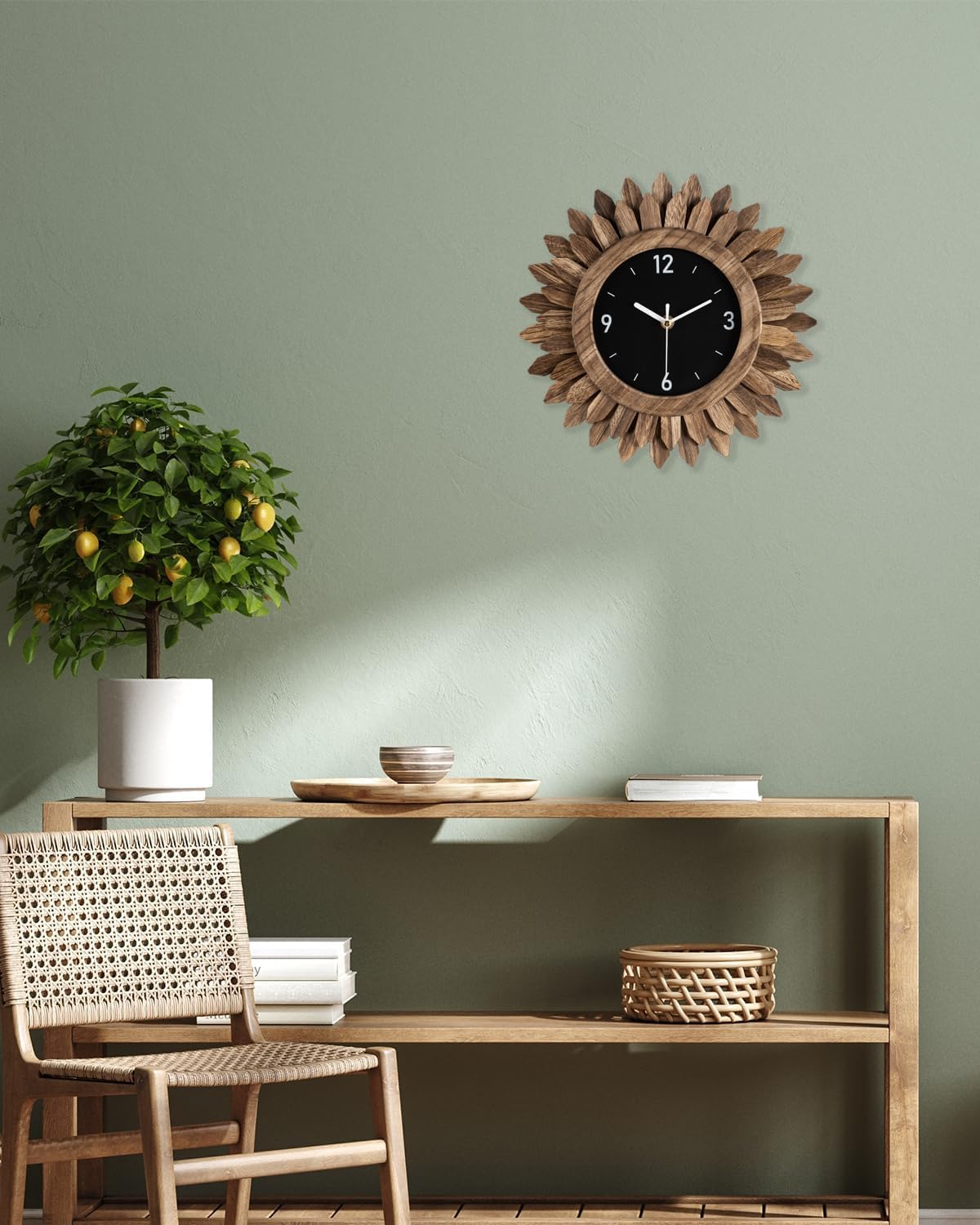 Honiway Wall Clock Battery Operated 12 in Rustic Wood Boho Sunburst Decorative Wall Clock Silent Non Ticking Farmhouse Small Wall Clocks for Living Room Kitchen Bathroom Bedroom Decor (Rustic Brown) Honiway