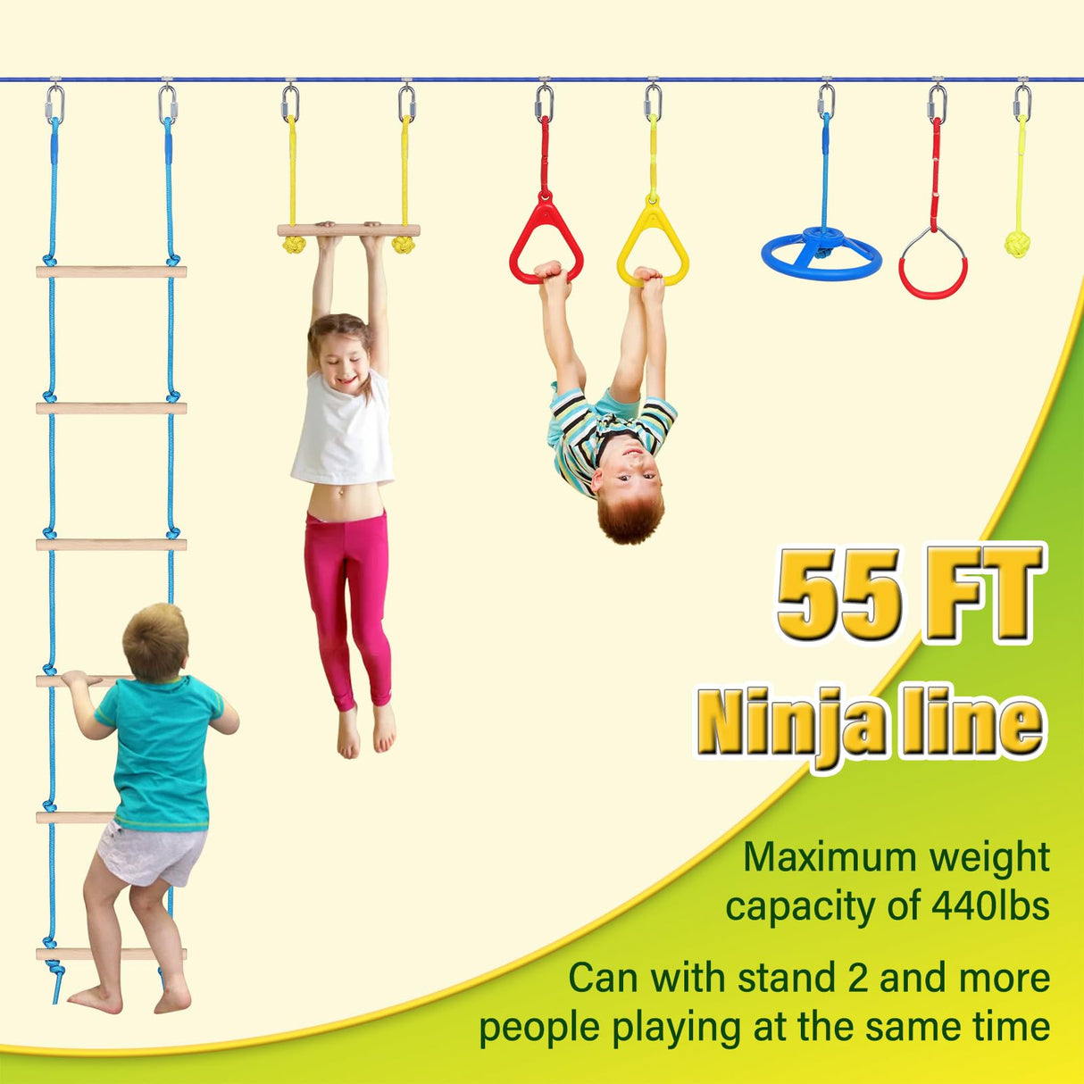 Ninja Warrior Kids Obstacle Course - 55 FT Durable Slackline with 8 Obstacles - Fun and Challenging Outdoor Course for Active Kids 3+ Years Old FAHKNS