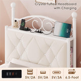 Keyluv Twin Upholstered Canopy Bed Frame with Drawer & Crystal Tufted Storage Headboard Metal Platform Bed with Charging Station & 4 Removable Posts No Box Spring Needed Curtain Not Included, Beige Keyluv