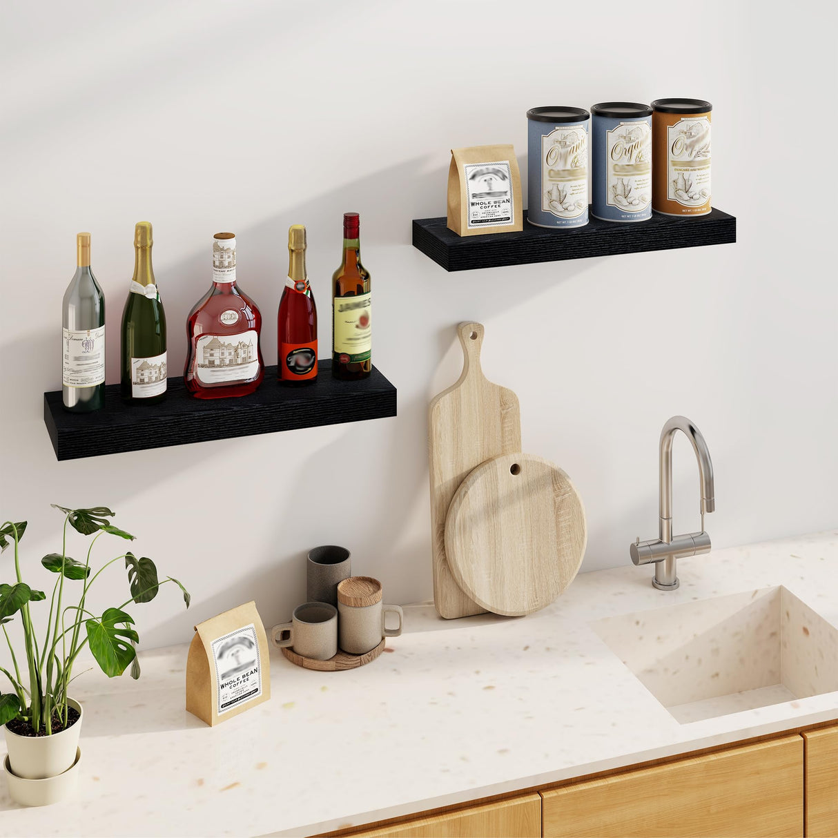 Fun Memories Floating Shelves for Wall, 24Inch Floating Shelves Set of 2, Hanging Shelf with Invisible Brackets, Wood Shelves for Living Room, Bedroom, Kitchen, Black Fun Memories