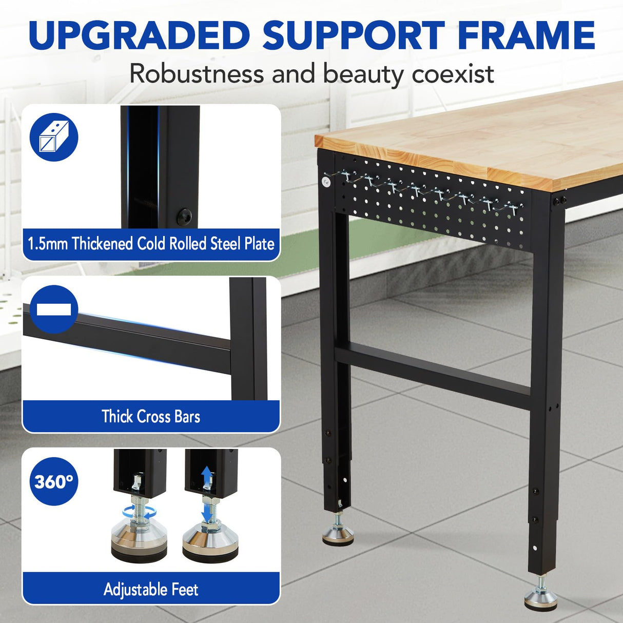 GarveeTech Adjustable Workbench 60"x20", 2000 lbs Load Capacity, Height Adjustable 29.5"-38.4", Ideal Heavy-Duty Garage Worktable with Built-in Power Outlet for Home, Office & Workshop GarveeTech