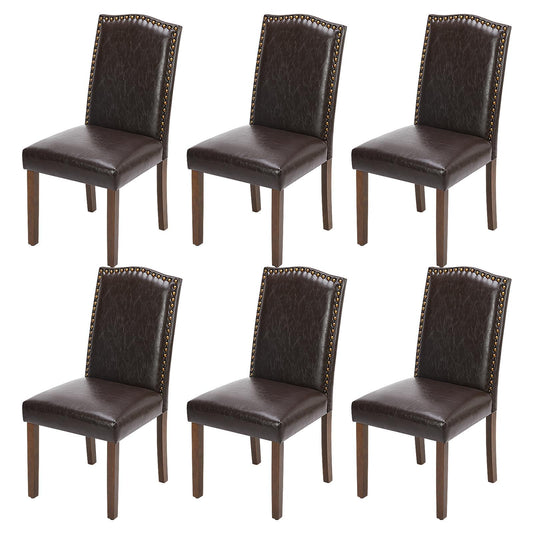 DUMOS Upholstered Dining Chairs Set of 6, Modern Upholstered Leather Dining Room Chair with Nailhead Trim and Wood Legs, Mid-Century Accent Dinner Chair for Living Room, Kitchen, Dark Brown