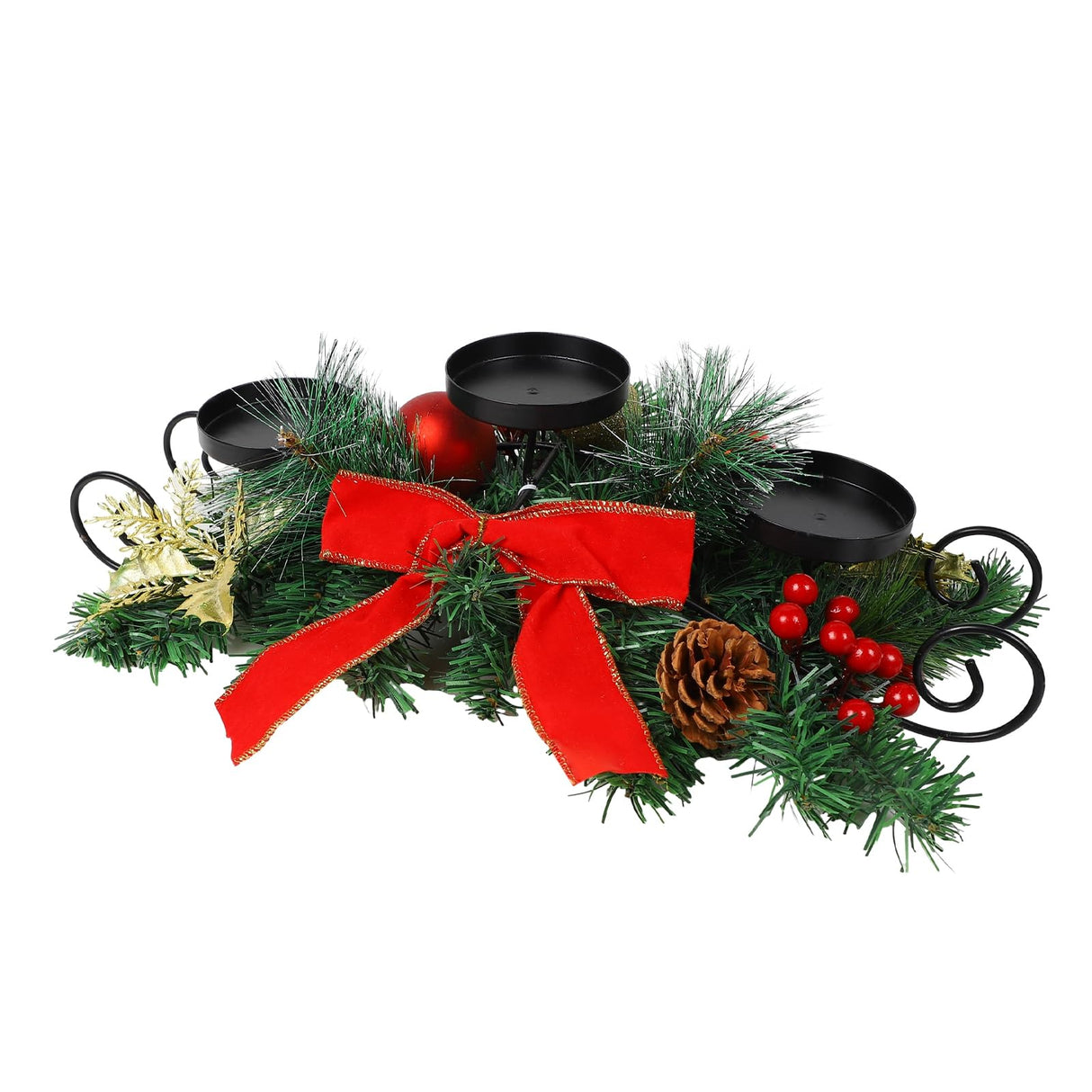 MorTime Christmas Candle Holder Centerpiece, Xmas Tabletop Decor with Red Bow Berries Pinecones, Table Centerpiece with Steel Base for Christmas Decoration MorTime