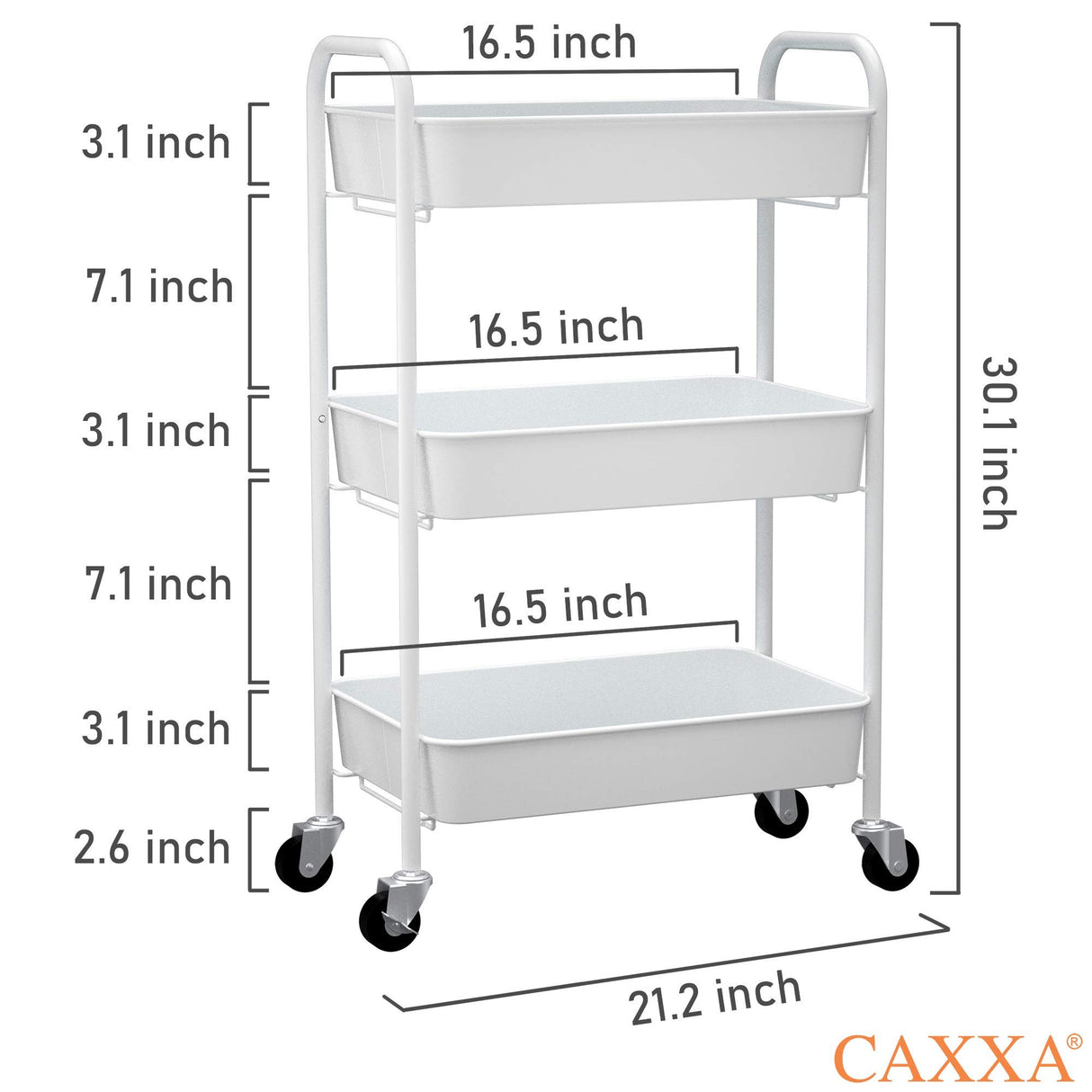 CAXXA 3-Tier Rolling Metal Storage Organizer - Mobile Utility Cart Kitchen Cart with Caster Wheels, White CAXXA