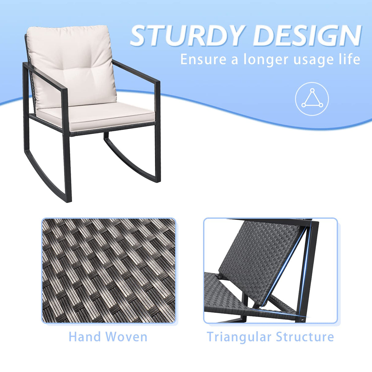 Greesum 3 Pieces Rocking Wicker Bistro Set, Patio Outdoor Furniture Conversation Sets with Porch Chairs and Glass Coffee Table, Beige Greesum