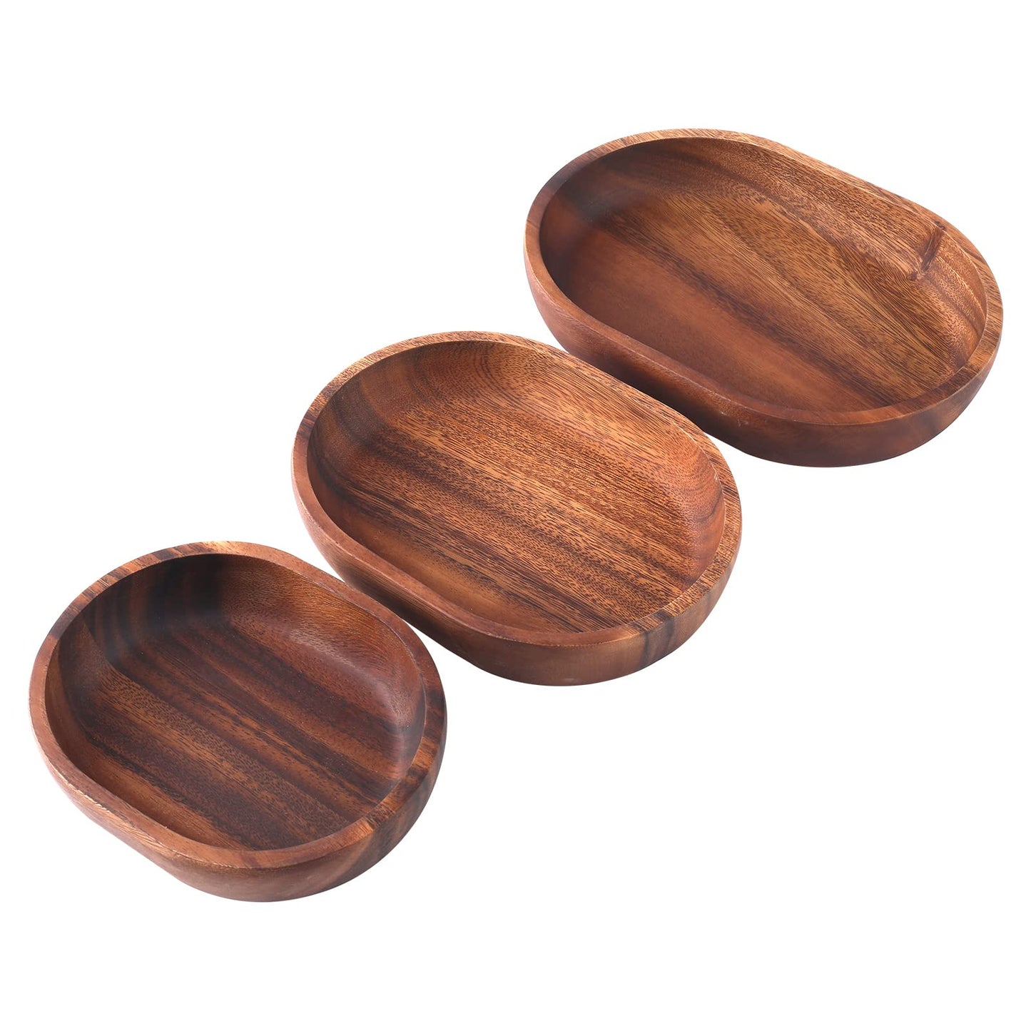 olelo Wooden Salad Bowl Set of 3-Acacia Wood Oval Dessert Displays Serving Trays Great for Fruit, Food, Salads, Mixing & Serving Bowls