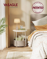 VASAGLE Nightstands, Set of 2 Small Round Side Tables with Fabric Basket, Bedside End Tables, for Bedroom, Matte White and Camel Brown ULCT665W01 VASAGLE