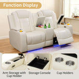 Caberryne Power Recliner Sofa Set with LED Lights,Leather Reclining Couch and Loveseat Set with USB Port/Coffee Table/Cup Holder,Living Room Set with 4 Recliner Seats for House(2 Piece Set,Creamy) Caberryne