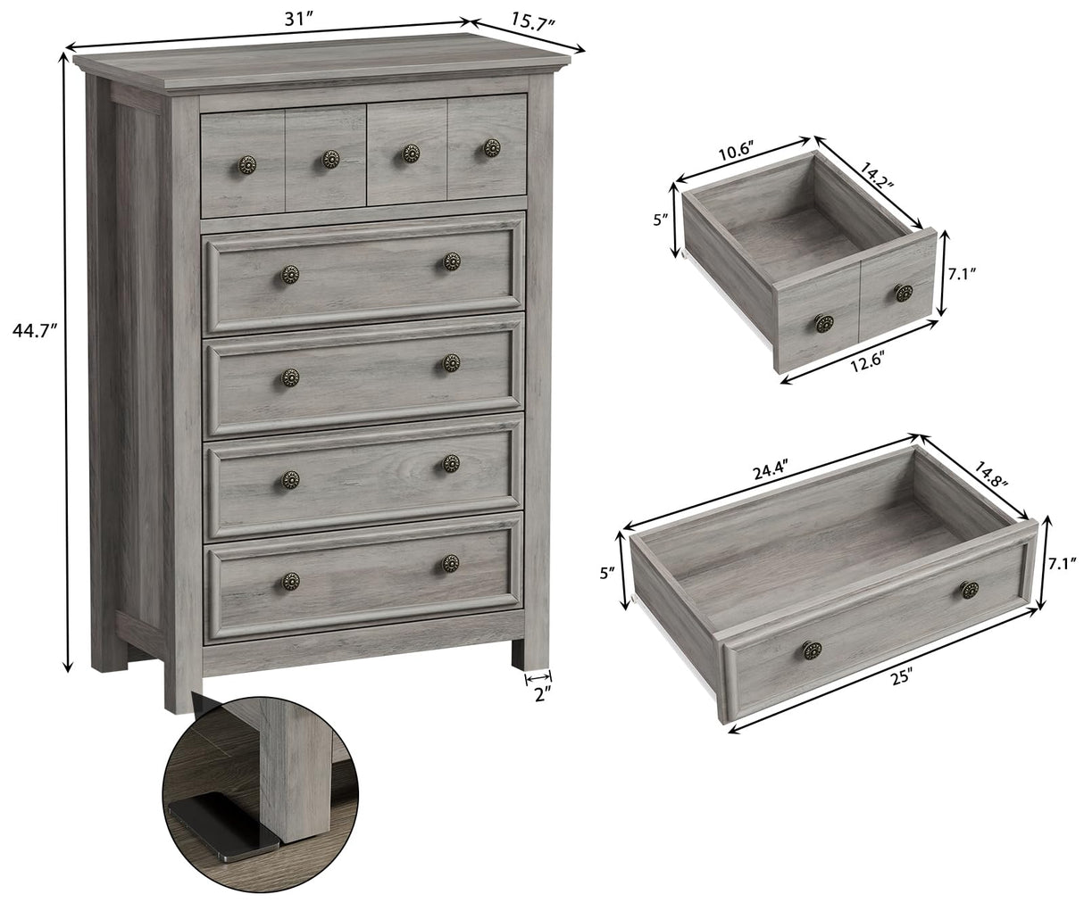 LGHM Farmhouse 6 Drawers Dresser Chest, 45" Tall Dressers for Bedroom, Dressers & Chests of Drawers - Easy Pulls Metal Handles, Thick Support Legs for Bedroom,Livingroom, Closet, Gray LGHM