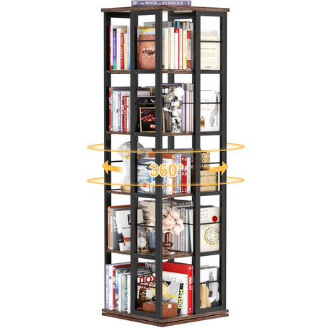 Aheaplus Rotating Bookshelf, Corner Bookcase, 360 Display Wood Spinning Bookshelves, Floor Standing Bookcase Narrow Shelf,5 Tiers, Rustic Brown Aheaplus