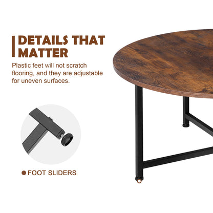 SUPER DEAL Round Coffee Tables w/ 32 Inch Rustic Wooden Surface Top and Sturdy Metal Legs Industrial Cocktail Table for Living Room, Rustic Brown - WoodArtSupply