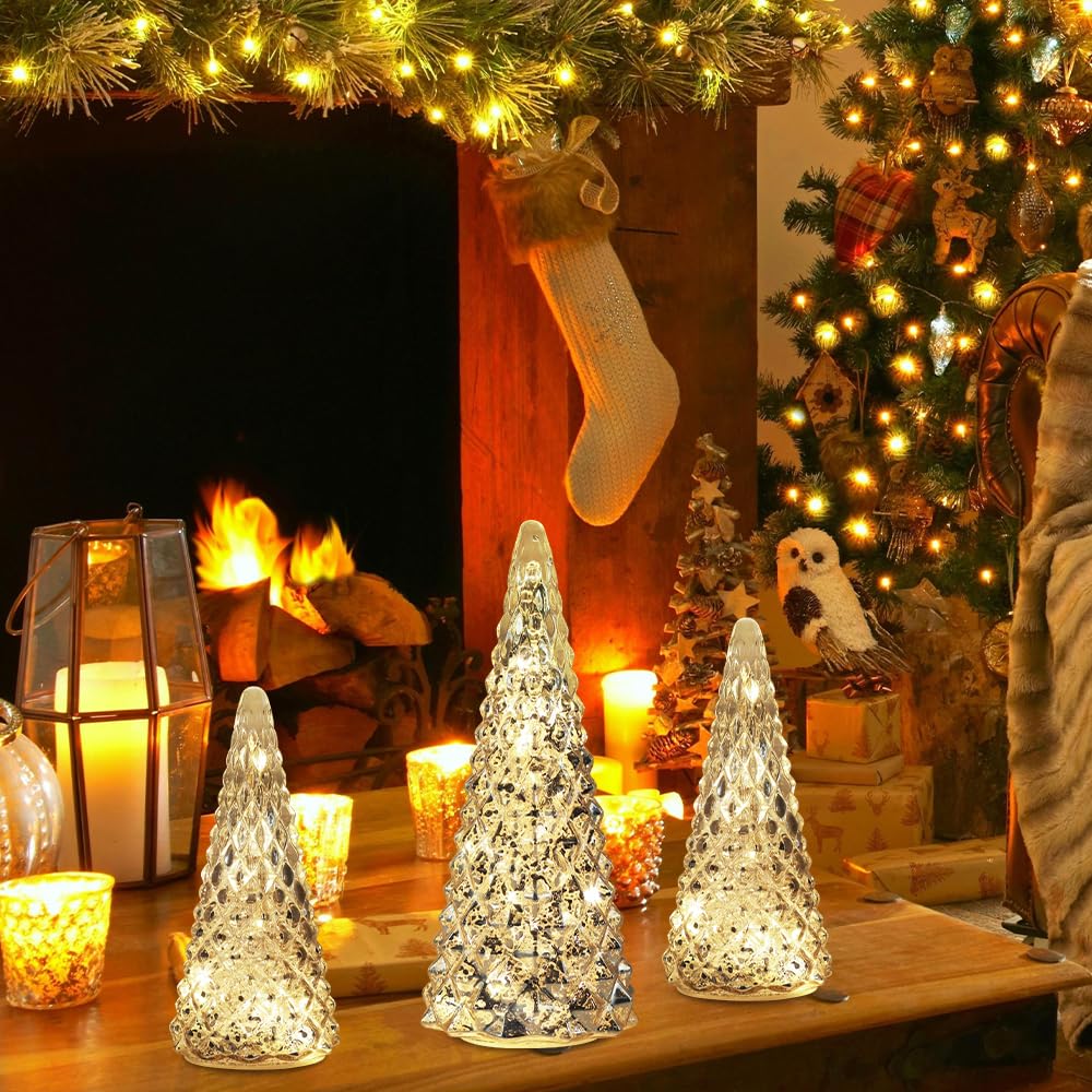 Christmas Decorations Indoor, YEAHOME Set of 3 Pre-lit Gold Glass Christmas Tree for Home Decor, Christmas Table Decorations Lighted Xmas Tree with Timer for Living Room Mantel Tabletop Party YEAHOME
