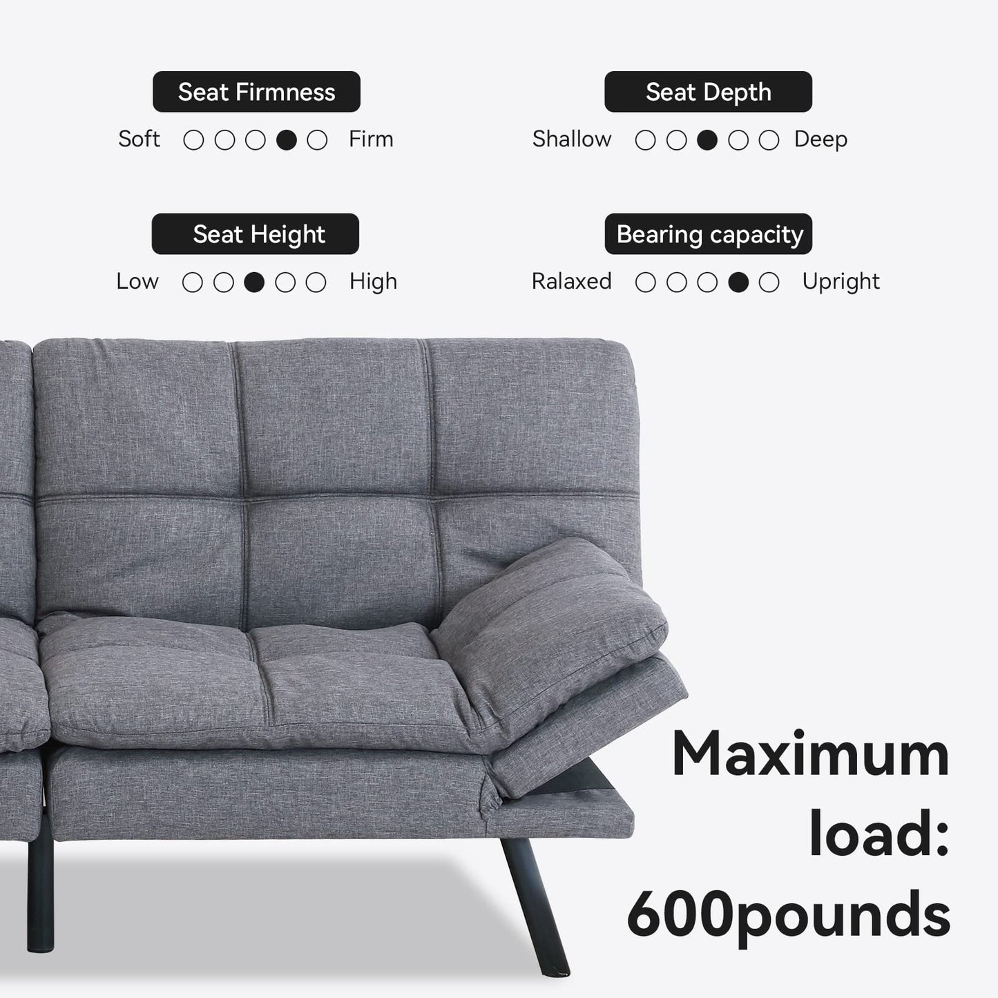 Opoiar Futon Sofa Bed Twin, Memory Foam Couch Bed with Mattress and Frame Included,Comfortable Grey Fabric Loveseat Sleeper Sofa for Dorm Apartment Office College Small Space Bedroom