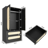 MJADUE Wood Wardrobe Closet with 2 Doors and Drawers, Wooden Closet Storage Cabinet with Gold Handles for Clothes, Rattan Freestanding Wardrobe Cabinet for Bedroom/Apartment,Black MJADUE