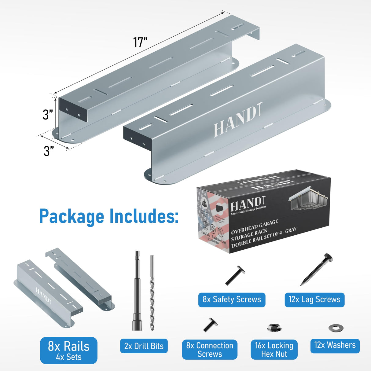 HANDT Overhead Garage Storage Rack, Connectable Heavy Duty Metal Ceiling Rails for Garage Storage Organization Shelving System, Supports Up to 6 Bins, 4 Sets Gray HANDT