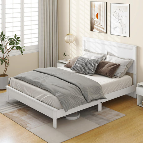 KOMFOTT Queen Size Wood Platform Bed Frame with Headboard, Wooden Mid Century Platform Bed with Slat Support & Under Bed Storage, Mattress Foundation Bed Base, No Box Spring Needed, White KOMFOTT