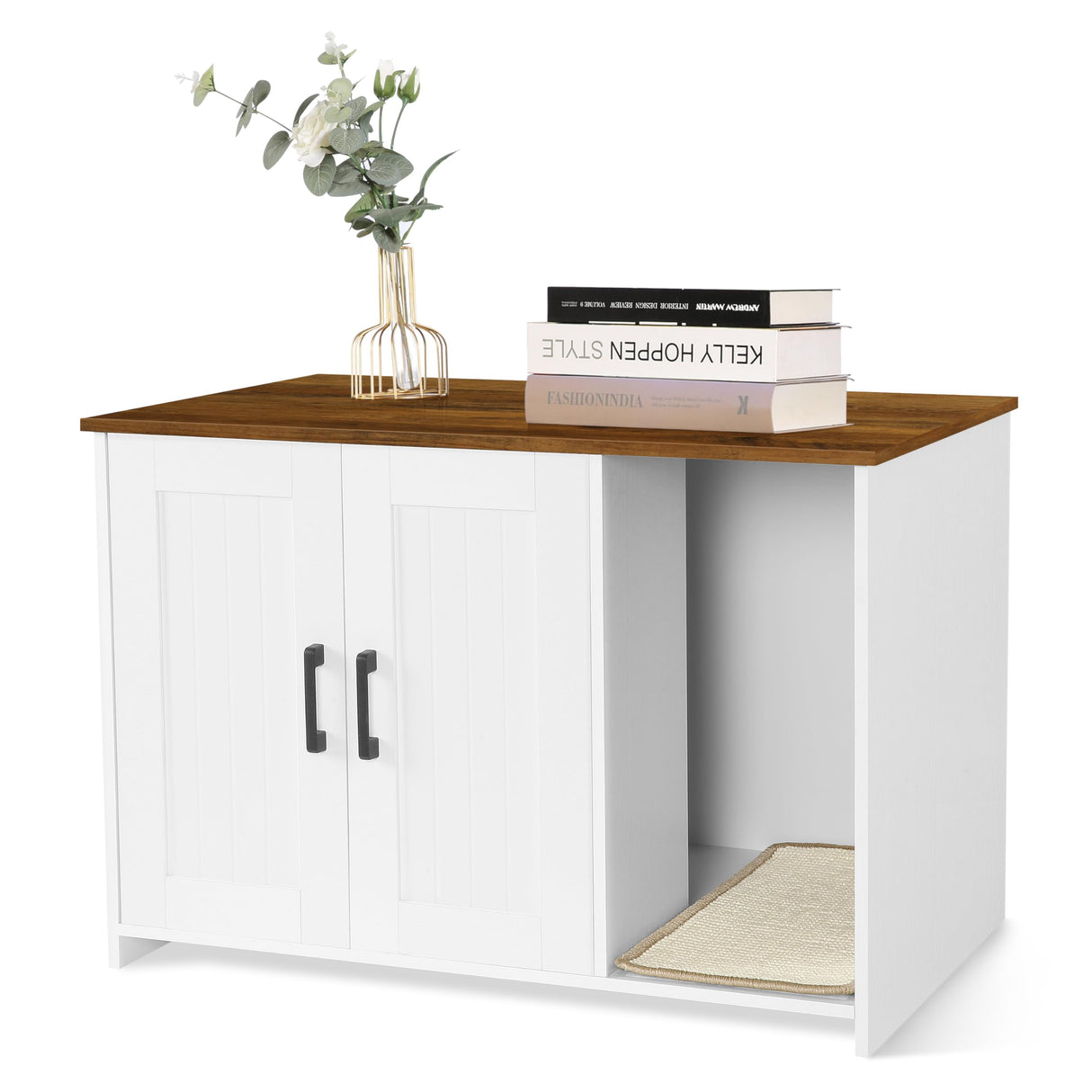 Dwanton Litter Box Enclosure, Cat Litter Box Furniture Hidden, with Scratching Mat, Wooden Cat Washroom Indoor, Fit Most of Litter Box, 31.5" L x 19.7" W x 21.7" H, White + Warm Brown Dwanton