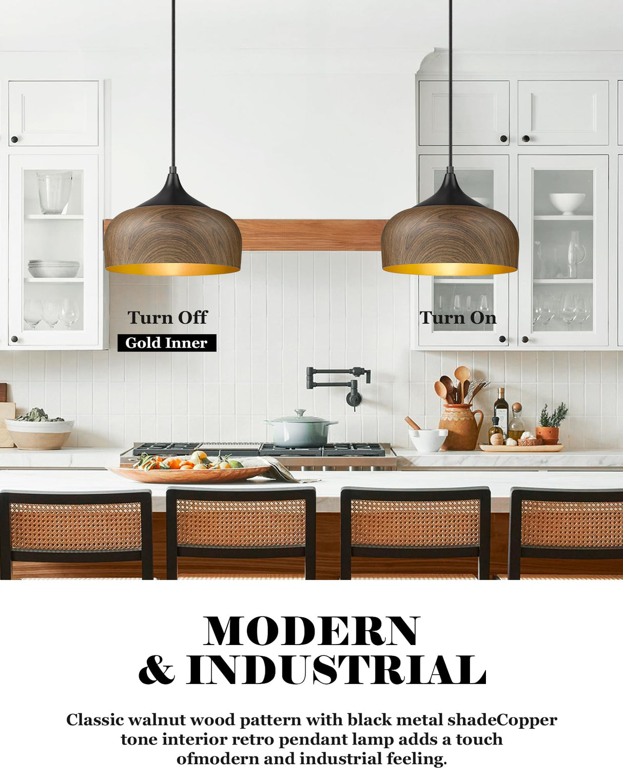 ELYONA Modern Pendant Light Walnut Wooden Pattern Dome Pendant Light Fixture Matte Black Metal Gold Inner Finish Adjustable Hanging Lighting for Kitchen Island Dining Room Office Hallway Foyer Bedroom ELYONA