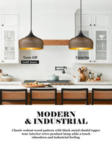 ELYONA Modern Pendant Light Walnut Wooden Pattern Dome Pendant Light Fixture Matte Black Metal Gold Inner Finish Adjustable Hanging Lighting for Kitchen Island Dining Room Office Hallway Foyer Bedroom ELYONA