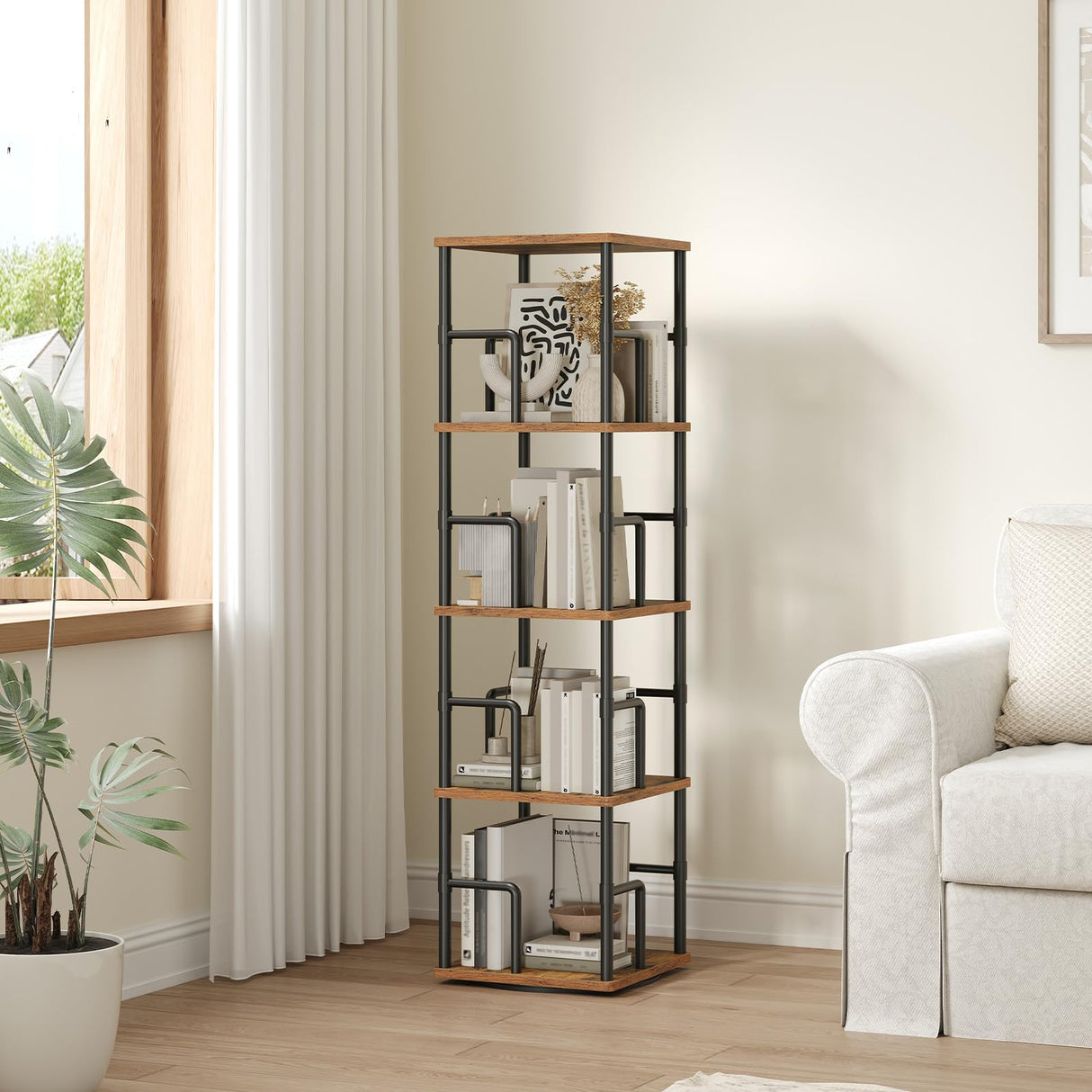 MAHANCRIS 4-Tier Rotating Bookshelf, Freestanding Corner Bookshelf, 360° Spinning Bookcase, Industrial Style Storage Rack with Rails, for Living Room, Bedroom, Study, Rustic Brown and Black BKHR1501 MAHANCRIS