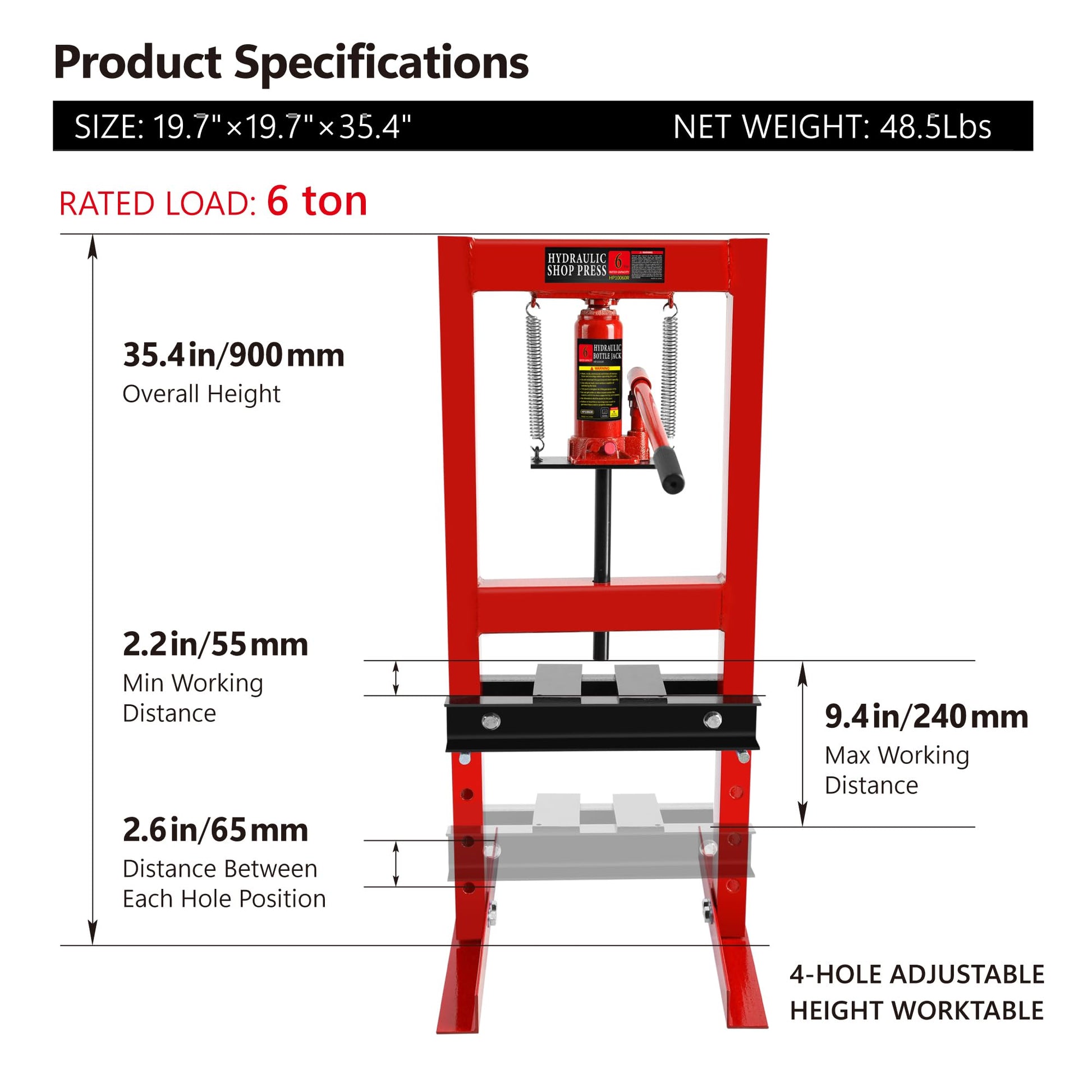 Hydraulic Press, 6 Ton H-Frame Garage Floor Adjustable Shop Press with Stamping Plates to Bend, Straighten, Or Press Parts, Install Bearings & U-Joints - WoodArtSupply