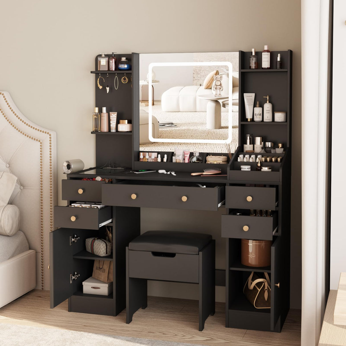 Vabches Vanity Desk with Lights, Makeup Vanity Table with Charging Station, 44.9in Big Vanity Set with 5 Drawers & Lots Storage Space, Black Vabches